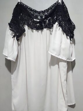 Trende 3X Off-Shoulder Crochet Yoke Blouse in White and Black